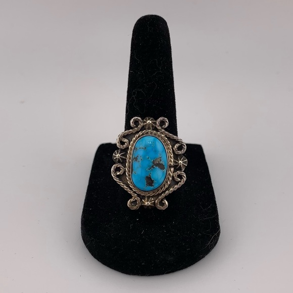 TURQUOISE NAVAJO RUNNING BEAR SIGNED STERLING SILVER RING VINTAGE SIZE 8.25 - Picture 6 of 13